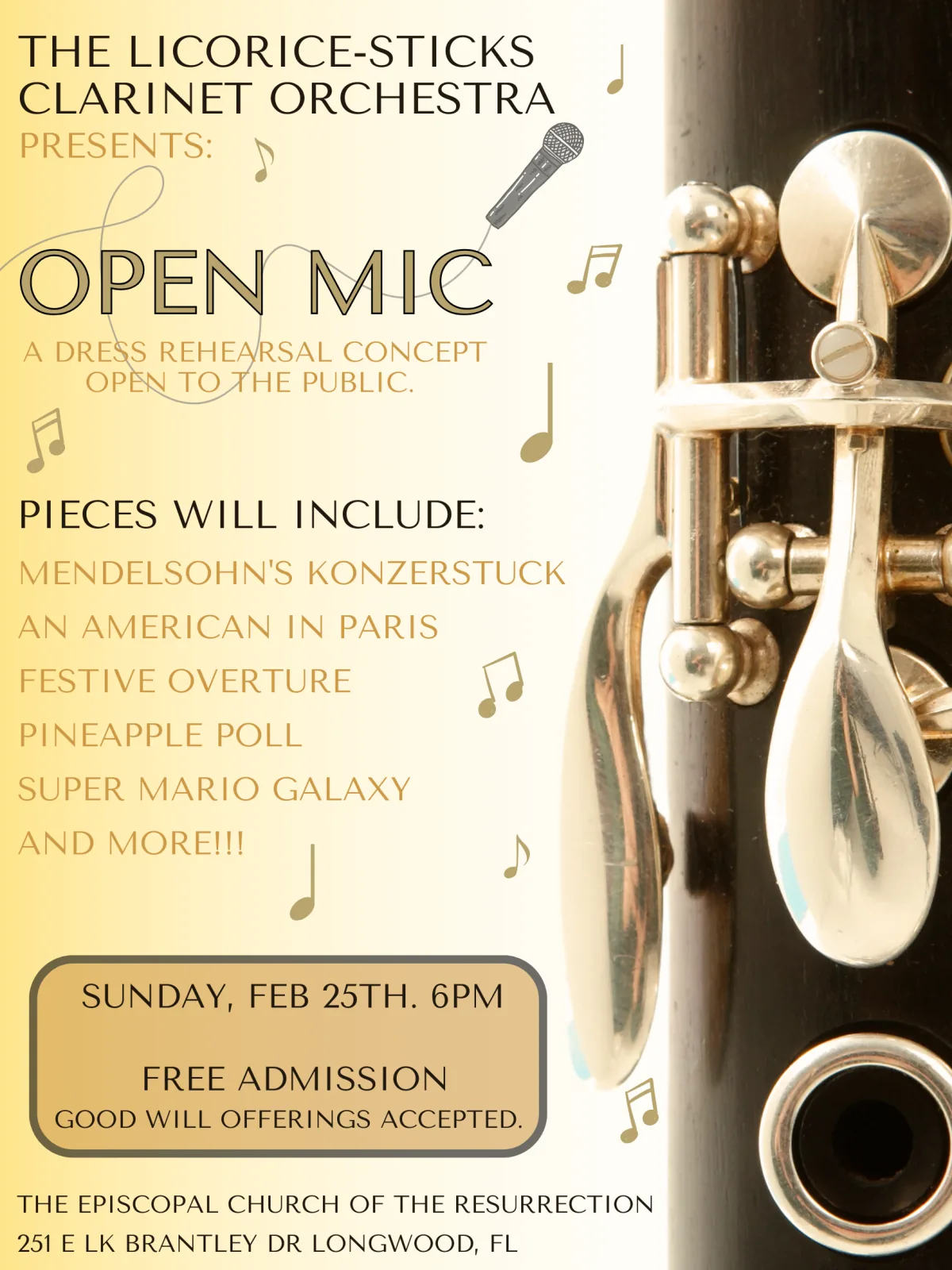 Poster for the Licorice-Sticks Clarinet Orchestra Open Mic dress rehearsal concert