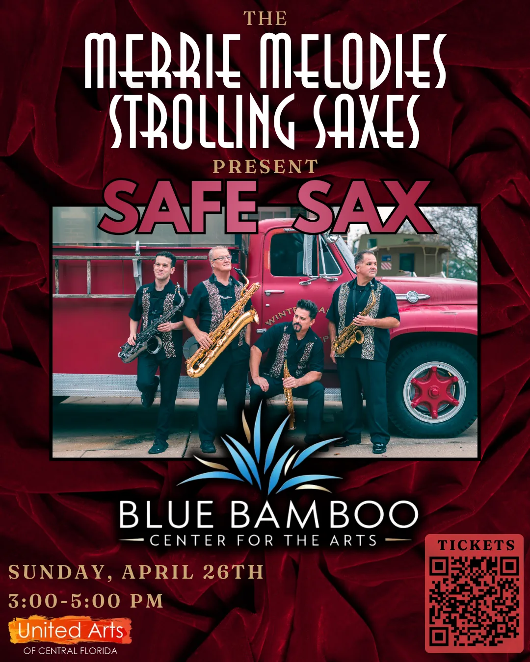 Red poster for the Merrie Melodies Strolling Saxes presenting Safe Sax