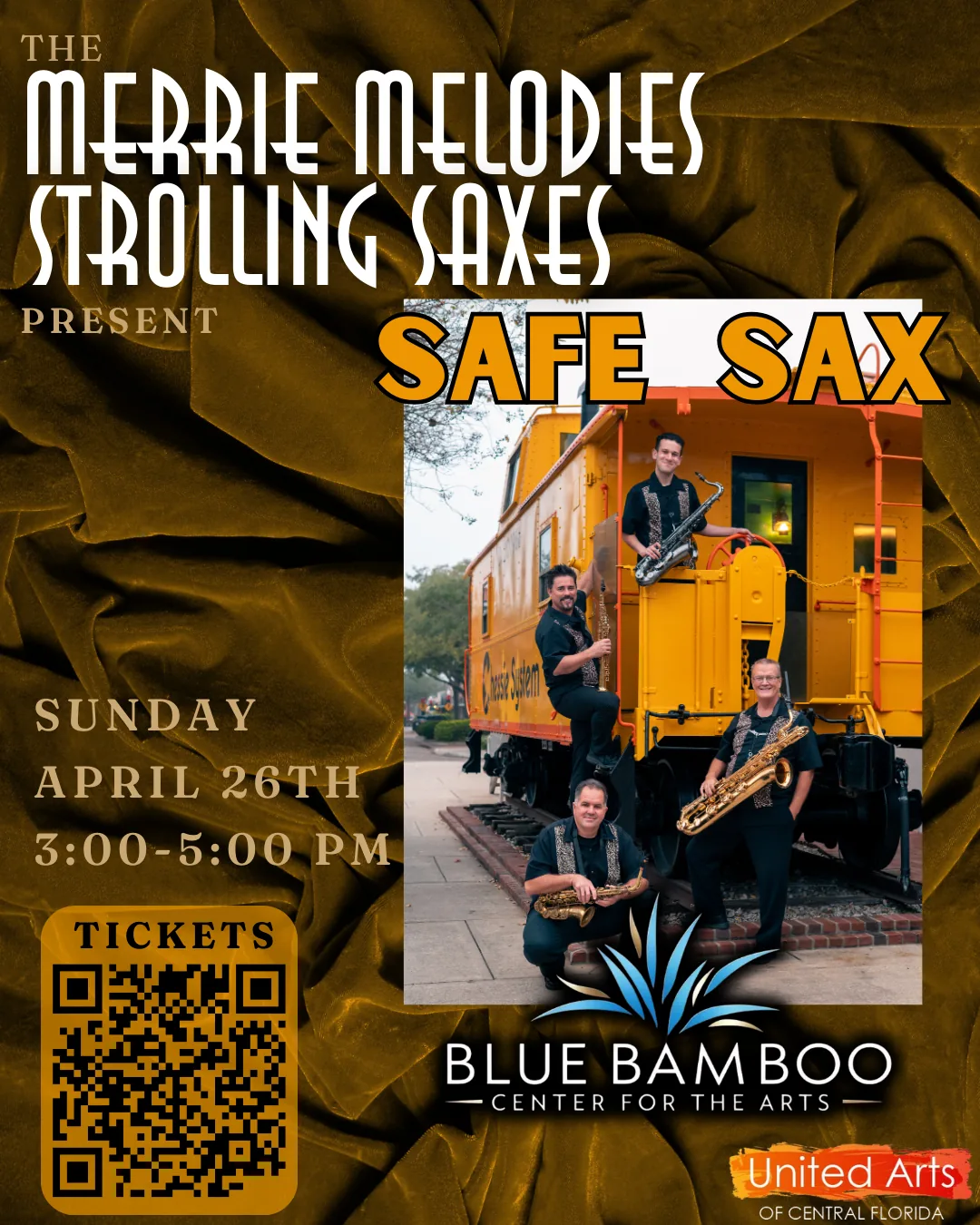 Yellow poster for the Merrie Melodies Strolling Saxes presenting Safe Sax