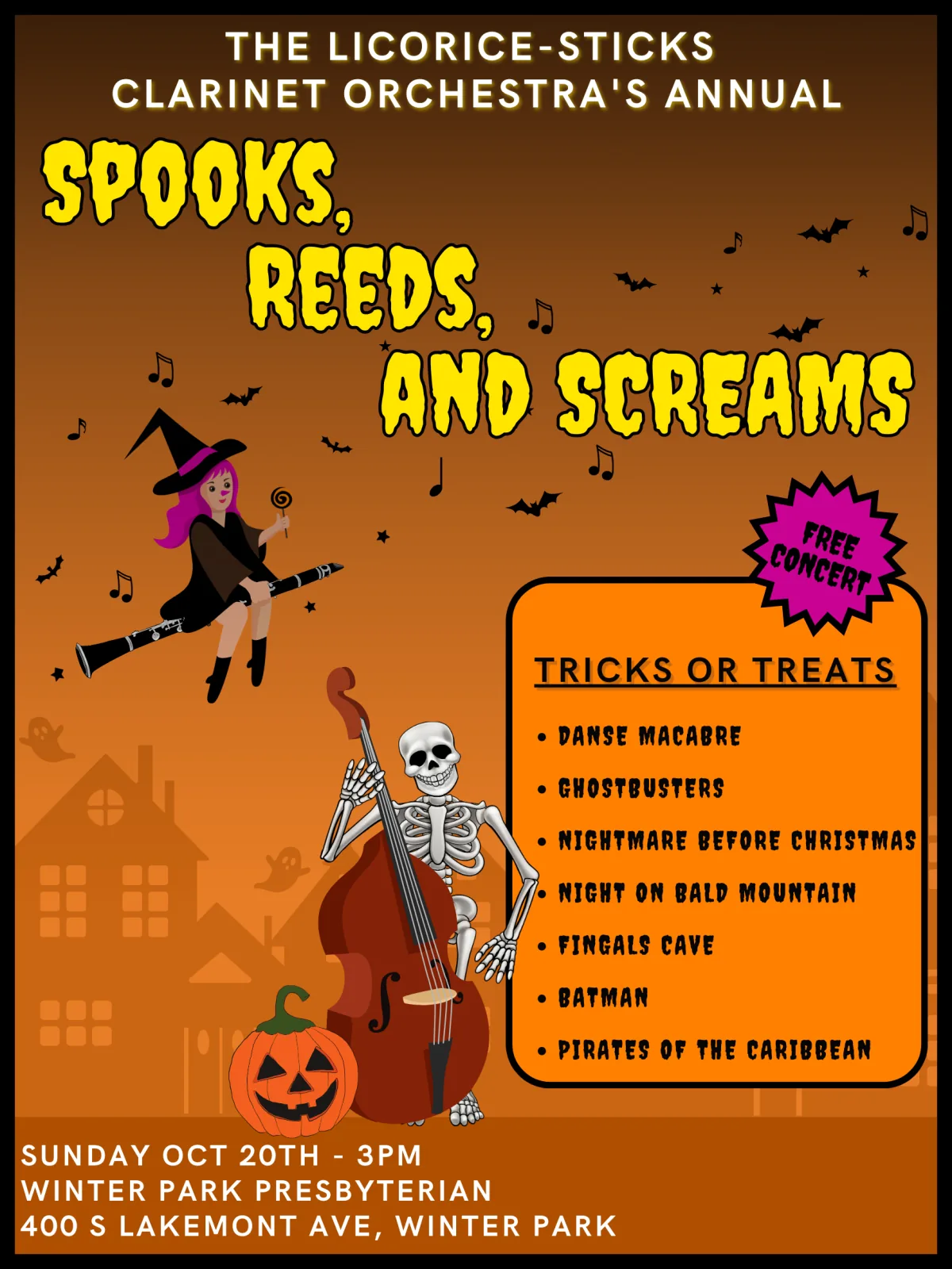 Halloween concert poster for Spooks, Reeds, and Screams